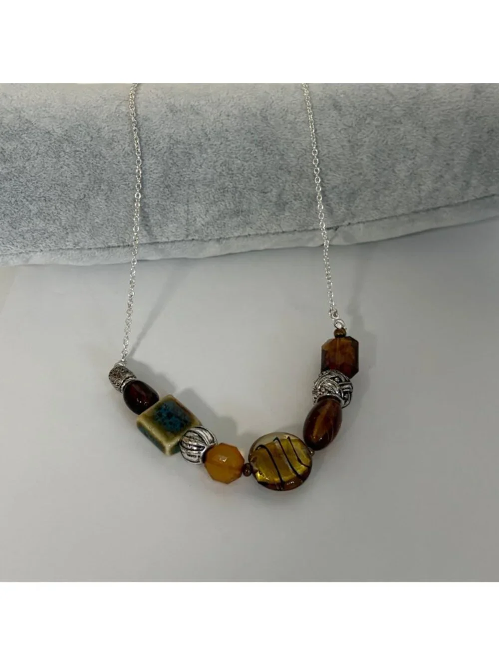 Multicolor Mixed Beaded Necklace Silver Tone Chain Brown Green Silver 17-20 in